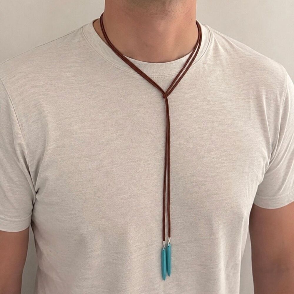 Western Bolo Tie - Brown Faux Suede with Turquoise Accents